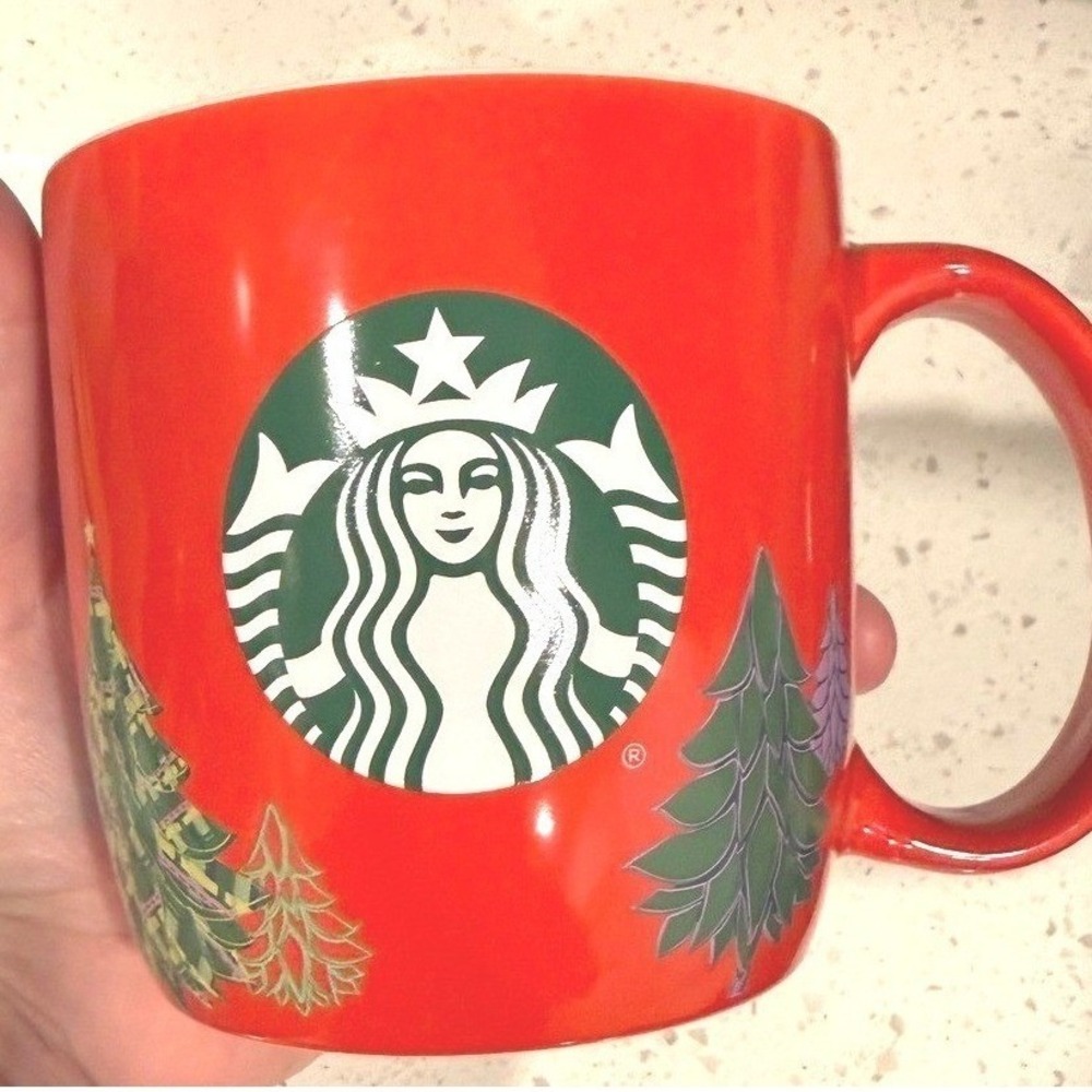 Starbucks Holiday Mug Red Christmas Trees Siren Logo Ceramic Coffee‎ Cup 16oz